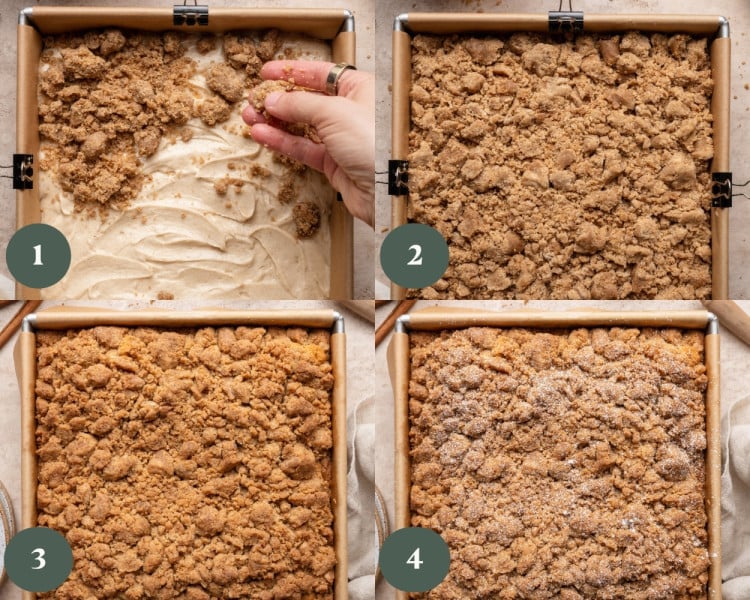 Collage of finishing steps: crumb topping being sprinkled over the batter, pan fully covered with streusel, baked cake with golden crumb topping, and final cake dusted with powdered sugar.