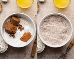 Overhead view of a bowl with brown sugar, granulated sugar, flour, cinnamon, and salt before mixing; next frame shows the dry ingredients whisked together into a light brown mixture.