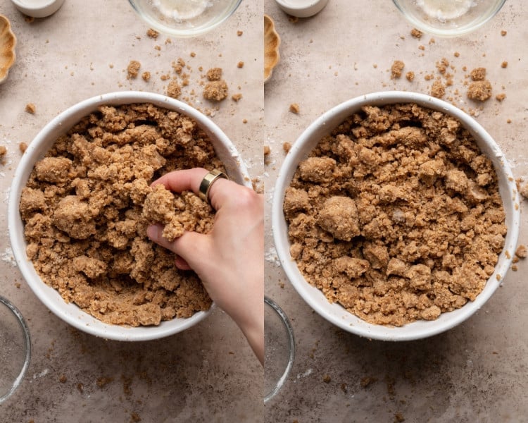 Hand squeezing and breaking up the crumb mixture into clumps; next frame shows the bowl filled with coarse, crumbly streusel pieces.