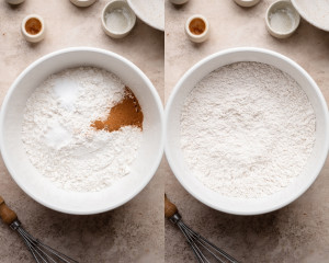 Bowl with flour, baking powder, baking soda, cinnamon, and salt before mixing; next frame shows the dry ingredients whisked together evenly.