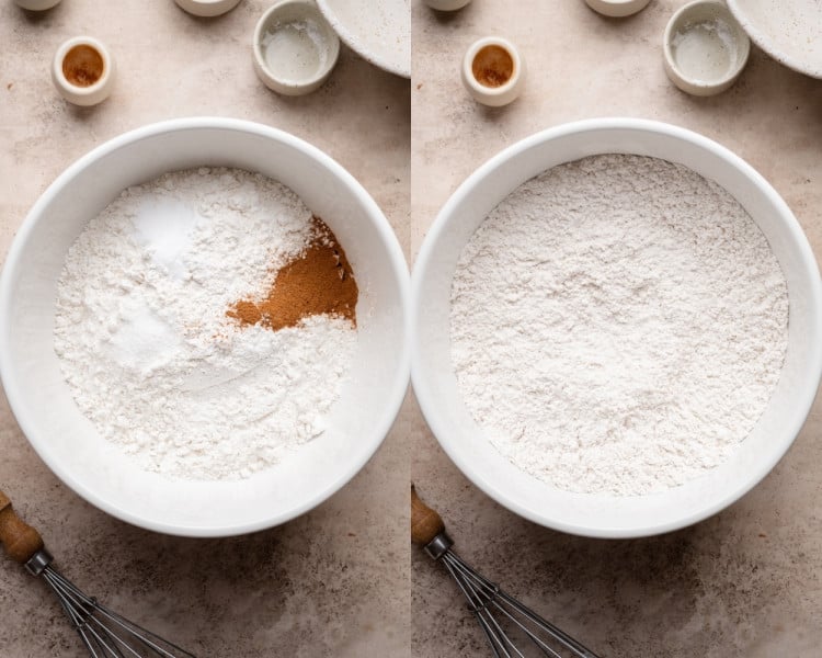 Bowl with flour, baking powder, baking soda, cinnamon, and salt before mixing; next frame shows the dry ingredients whisked together evenly.