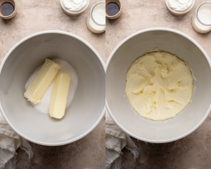 Butter and granulated sugar in a mixing bowl before creaming; next frame shows the mixture whipped until pale and fluffy.
