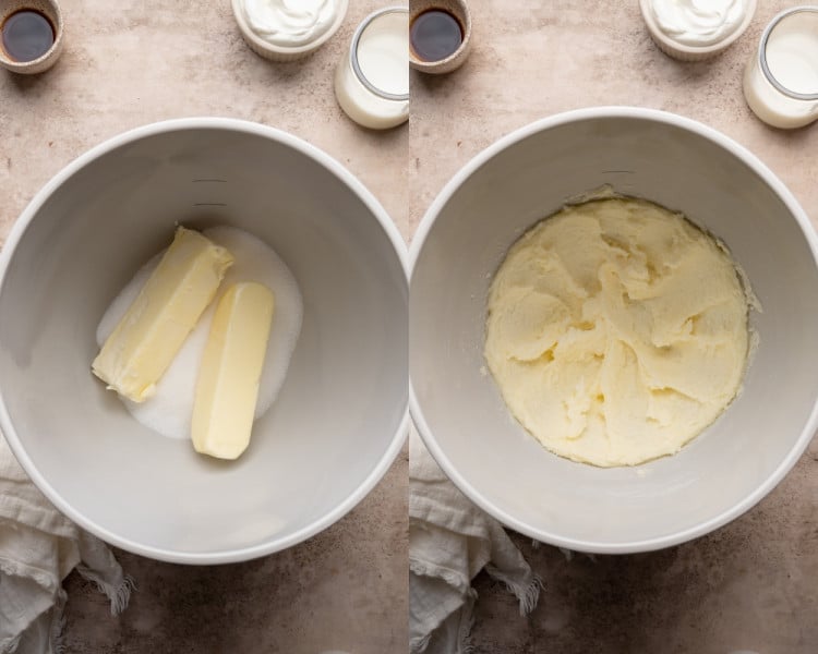 Butter and granulated sugar in a mixing bowl before creaming; next frame shows the mixture whipped until pale and fluffy.