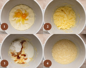 Eggs added to the creamed butter mixture; next frame shows the mixture blended but slightly curdled in appearance.