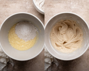 Sour cream, milk, and vanilla added to the batter; next frame shows a smoother, loosened batter after mixing.