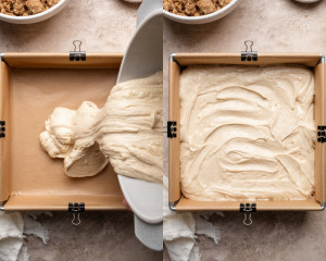 Dry ingredients added to the wet batter; next frame shows a thick, smooth cake batter fully combined.