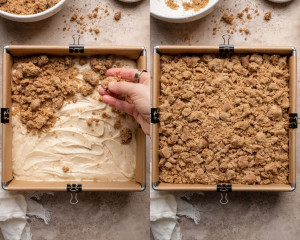 Batter being poured into a parchment-lined square baking pan; next frame shows the batter spread evenly across the pan.