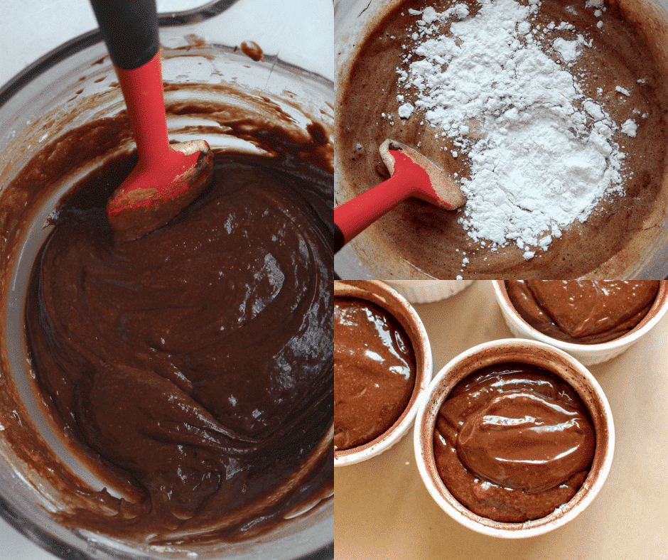 molten cake batter in ramekins. 