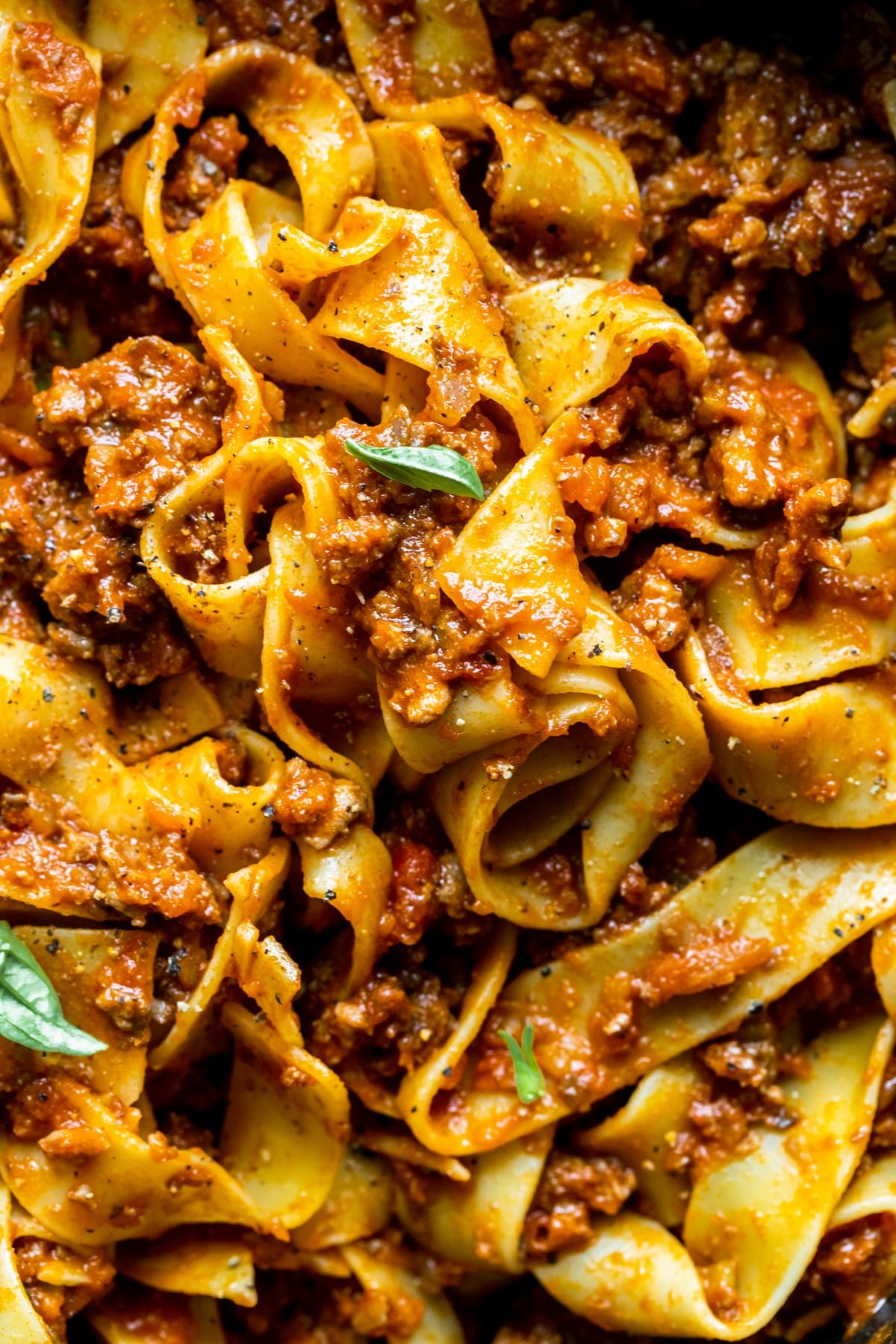 an up close image of bolognese sauce swirled in cooked pappardelle pasta noodles. 
