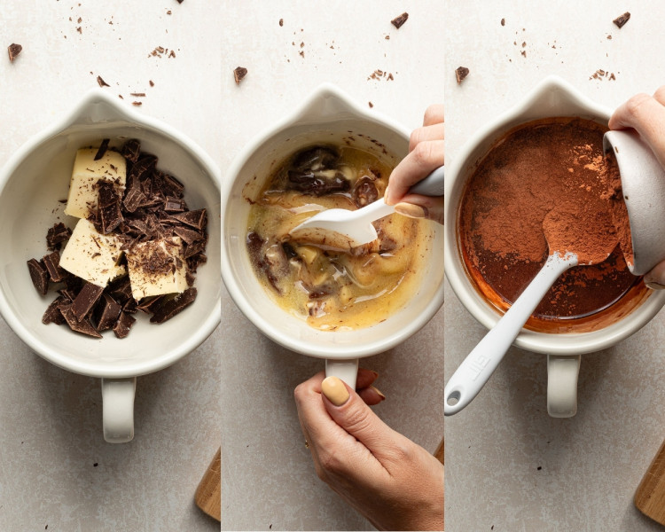 A three-panel image showing the chocolate mixture preparation process. Left: chopped chocolate and cubes of butter in a white mixing bowl. Middle: a hand stirring the melting mixture with a white spatula. Right: cocoa powder being added to the melted chocolate and butter mixture.