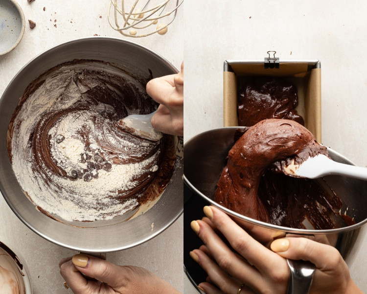 Two-panel image of brownie batter preparation. Left: flour and chocolate chips being folded into dark brownie batter in a mixing bowl. Right: thick, glossy brownie batter being transferred into a parchment-lined loaf pan with a spatula.