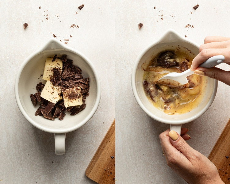 Two side-by-side images: On the left, chopped chocolate and butter chunks in a white mixing bowl. On the right, the same bowl with partially melted chocolate and butter being stirred with a white spatula by hand.
