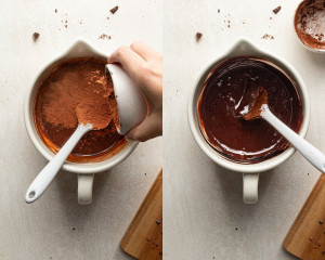 Two side-by-side images: On the left, cocoa powder being added to the melted chocolate mixture. On the right, the mixture stirred until smooth and glossy.