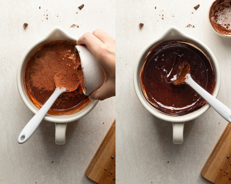 Two side-by-side images: On the left, cocoa powder being added to the melted chocolate mixture. On the right, the mixture stirred until smooth and glossy.