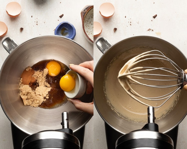 Two side-by-side images: On the left, brown sugar, eggs, and vanilla in a stand mixer bowl with an egg being poured in. On the right, the mixture whipped until pale and fluffy with a whisk attachment.