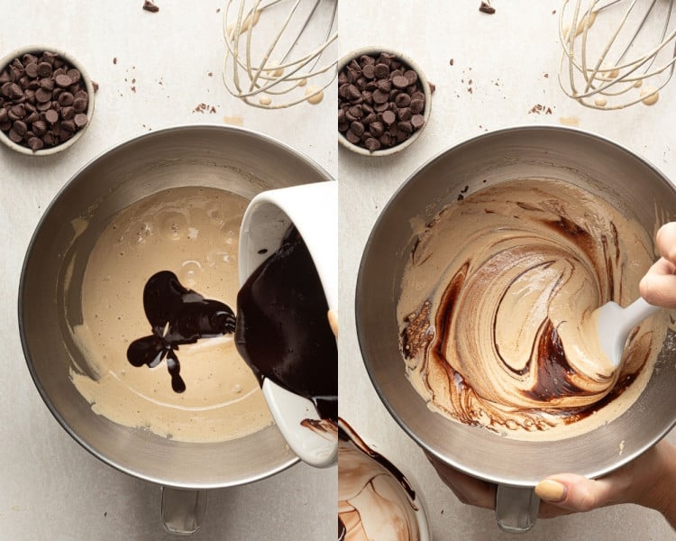 Two side-by-side images: On the left, melted chocolate mixture being poured into the whipped egg and sugar mixture. On the right, the batter being gently folded together with a spatula.