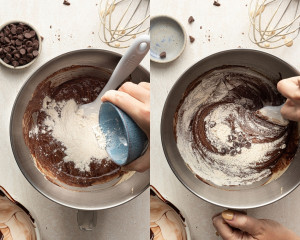 Two side-by-side images: On the left, flour being added to the chocolate batter. On the right, the mixture being folded together with chocolate chips visibly incorporated.