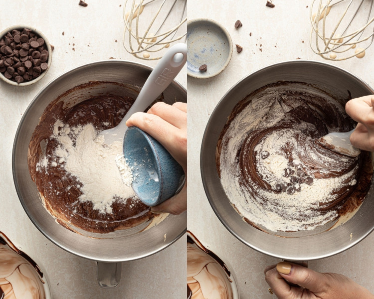 Two side-by-side images: On the left, flour being added to the chocolate batter. On the right, the mixture being folded together with chocolate chips visibly incorporated.