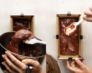Two side-by-side images: On the left, rich brownie batter being spooned into the prepared loaf pan. On the right, the batter being evenly spread out with a spatula.