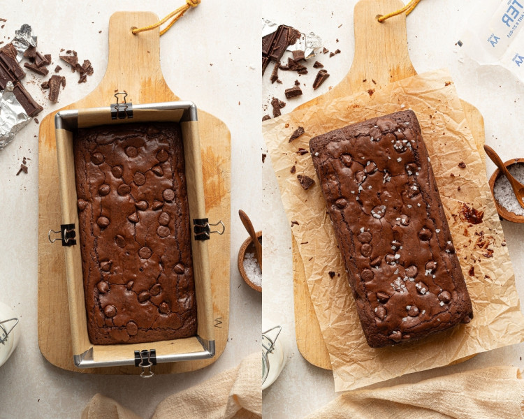 Two side-by-side images: On the left, freshly baked brownies still in the lined loaf pan with chocolate chips on top. On the right, the loaf of brownies removed from the pan and placed on crinkled parchment paper on a wooden board.