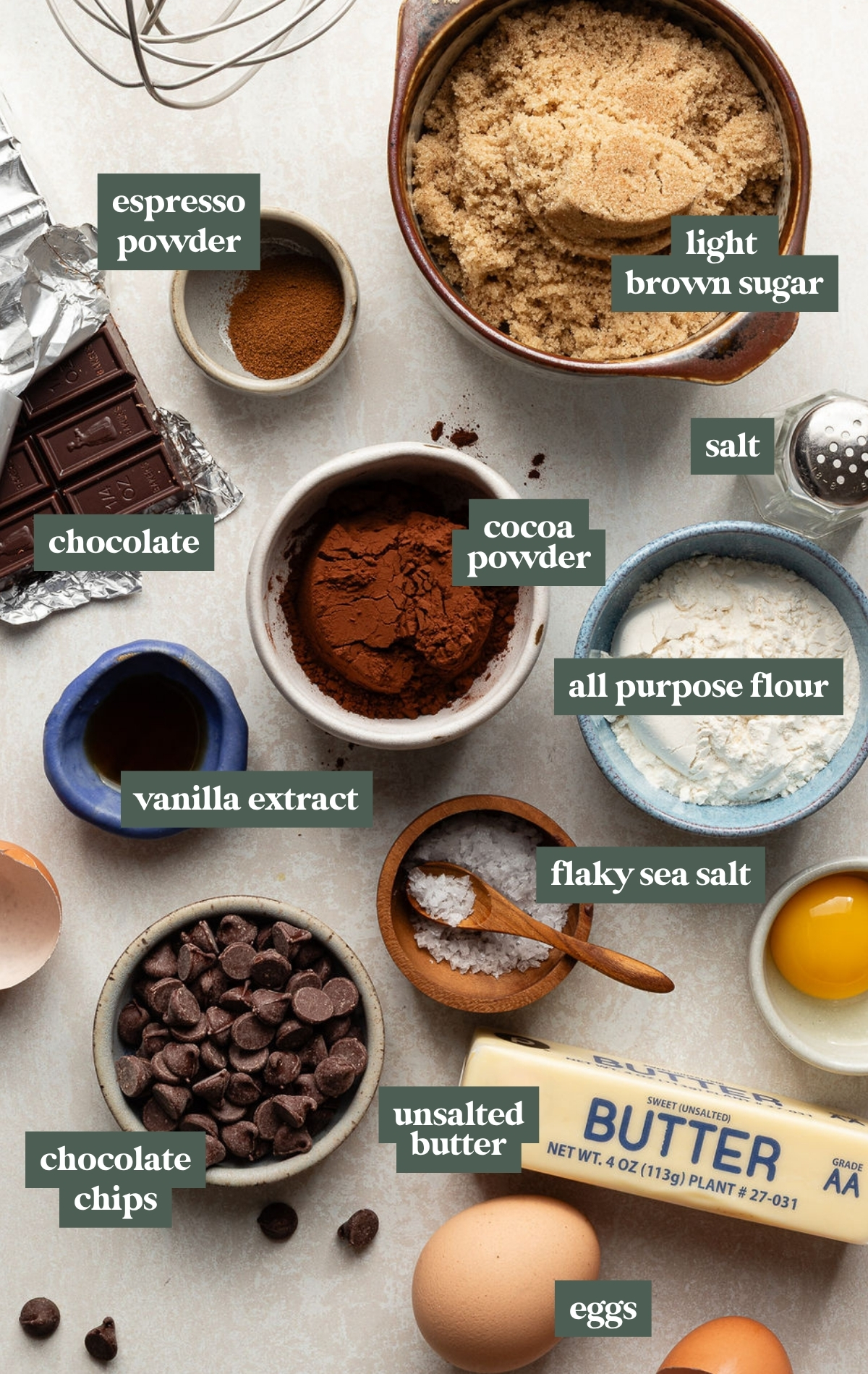 Top-down view of neatly arranged brownie ingredients, each labeled: a bowl of light brown sugar, cocoa powder, all-purpose flour, espresso powder, flaky sea salt, salt, vanilla extract, chocolate chips, unsalted butter, eggs, and a bar of chocolate. A metal whisk and cracked eggshells are also visible.