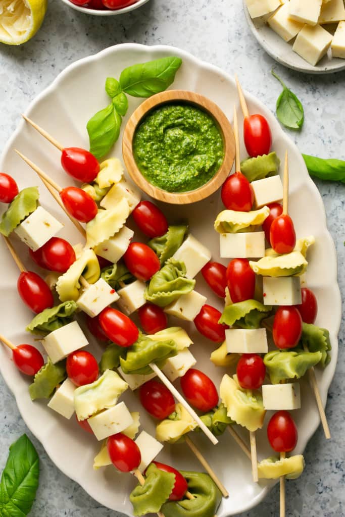 Tortellini Skewers with Lemon Spinach Pesto - Kroll's Korner