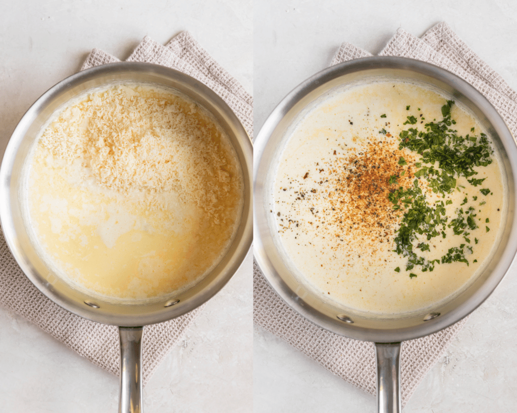 Alfredo sauce being made in a saucepan.