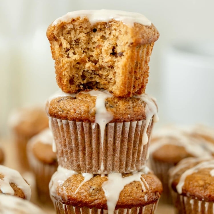 three muffins stacked with white glaze