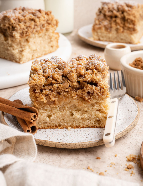 A thick slice of cinnamon crumb cake on a speckled plate, topped with a generous buttery streusel and a light dusting of powdered sugar. Cinnamon sticks and a fork sit beside it, with additional slices of the cake, a cup of coffee, and a small bowl of crumble blurred in the background.