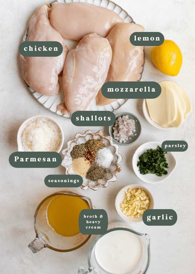 ingredients needed for chicken in small glass dishes.