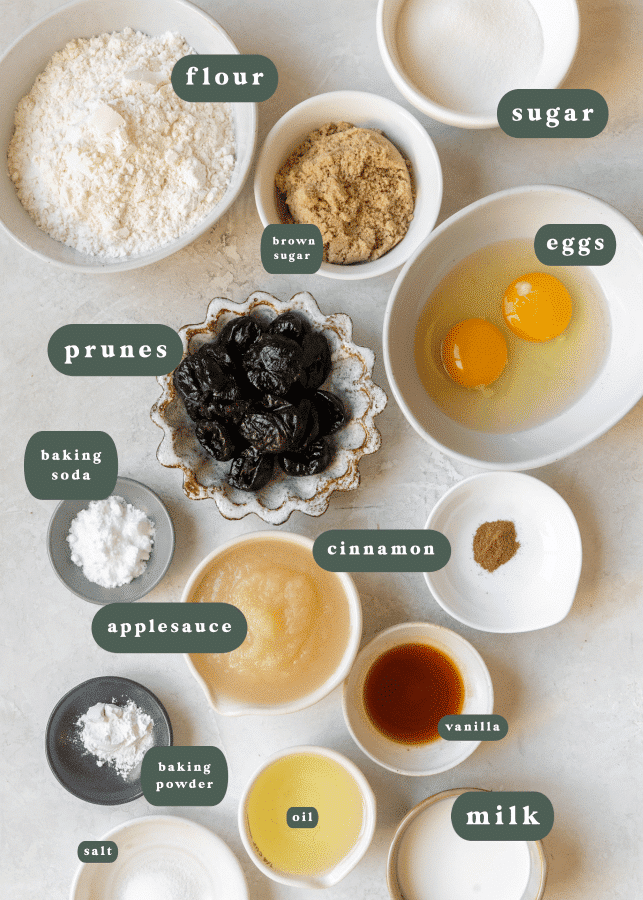 ingredients needed to make muffins in small glass bowls.