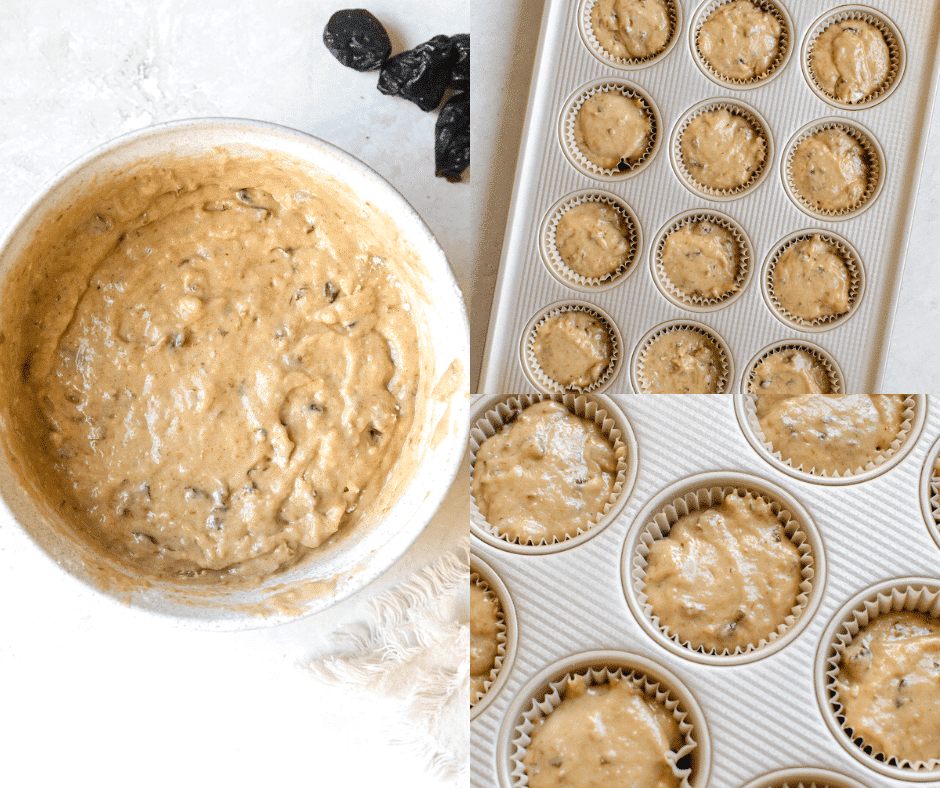 muffin batter in a bowl and in muffin liners in a muffin tin. 