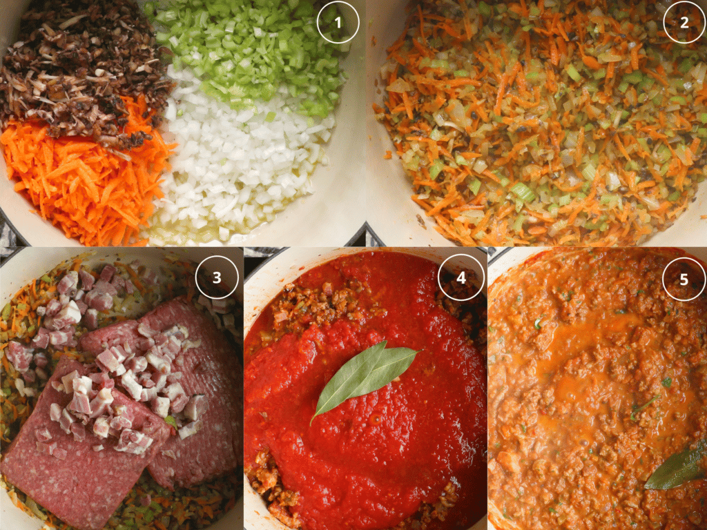 step by step photos making meat sauce in a Dutch oven. 