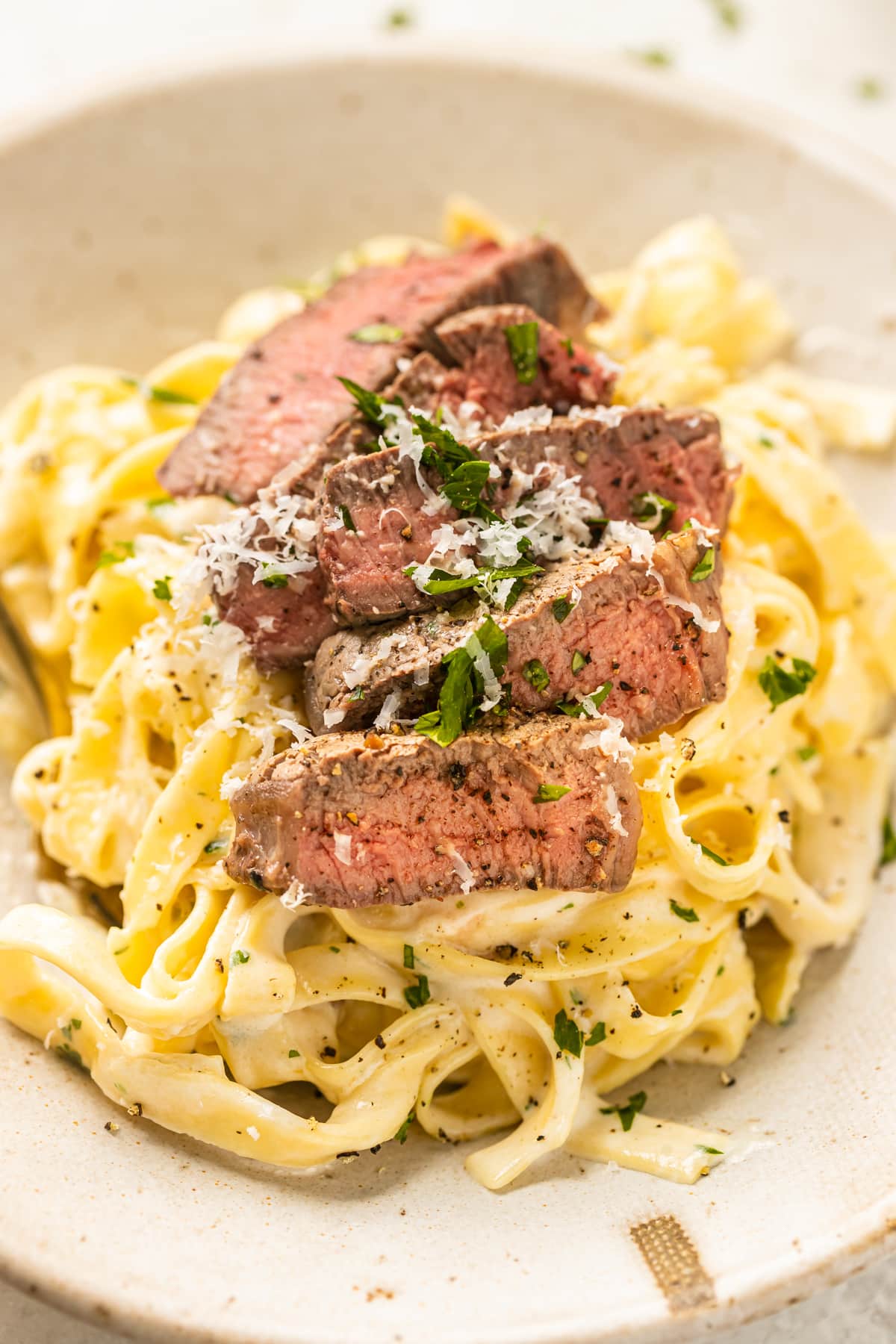 pasta in a bowl topped with steak and garnished with Parmesan cheese and fresh parsley. 