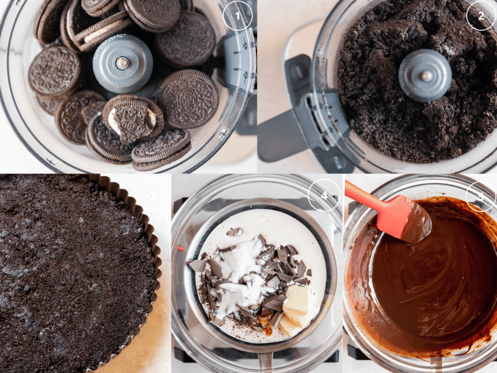 step by step directions making an oreo crust and chocolate ganache. 