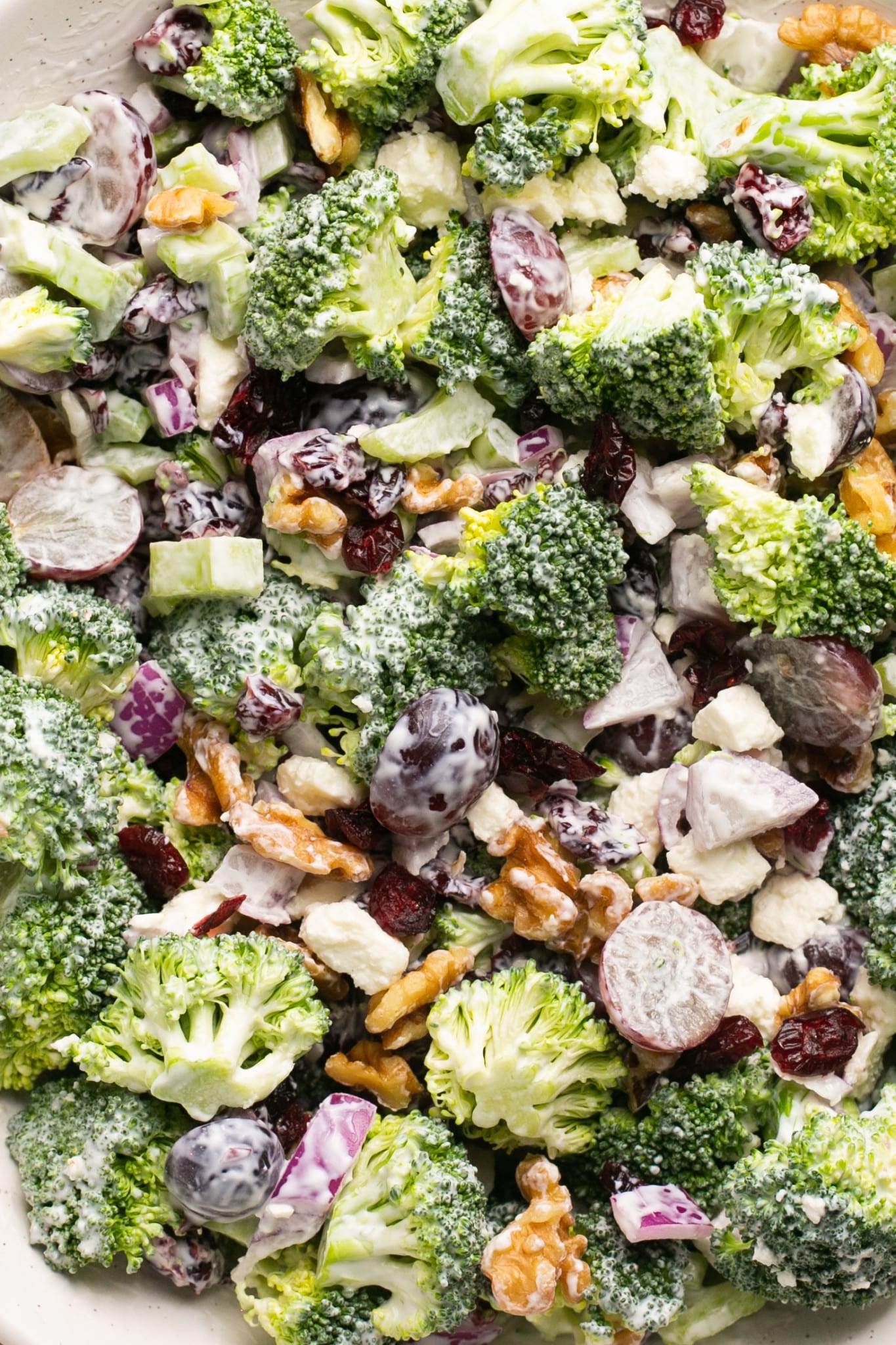 a close up image of broccoli salad made with grapes, walnuts, red onion, cranberries and feta cheese. 