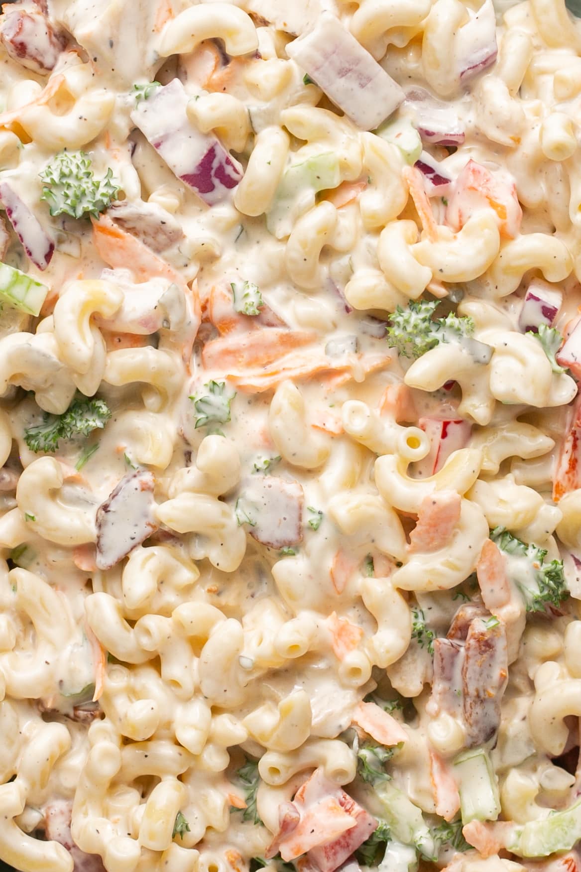 an up close image of creamy macaroni salad. 