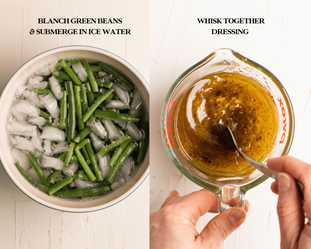 green beans in an ice water bath and dressing in a glass measuring cup being stirred together. 