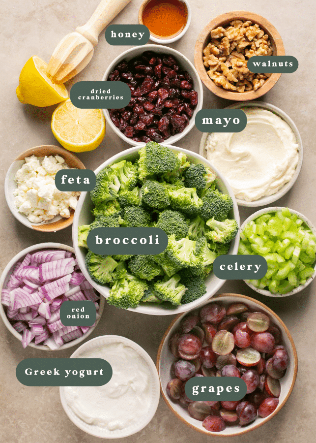 ingredients to make broccoli salad in small white bowls. 