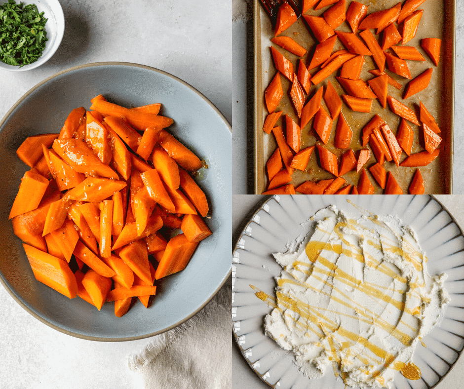 carrots in a bowl, on a baking sheet and goat cheese with honey on a plate. 