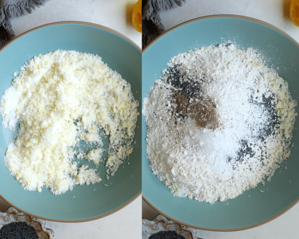 dry ingredients in a blue bowl. 