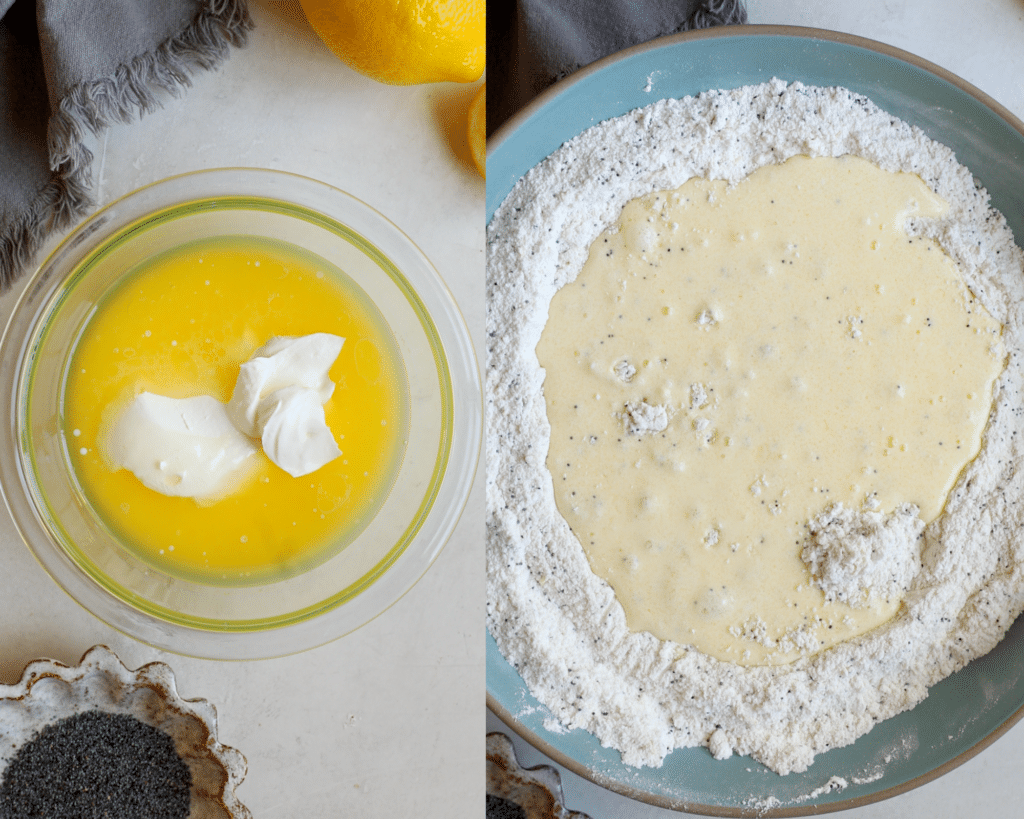 wet ingredients pour poured into the dry ingredients in a blue bowl. 