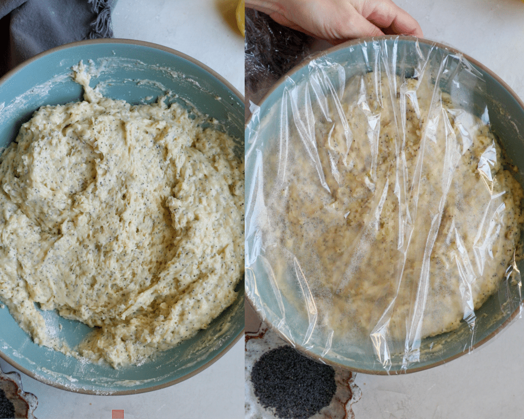 muffin batter in a blue bowl.