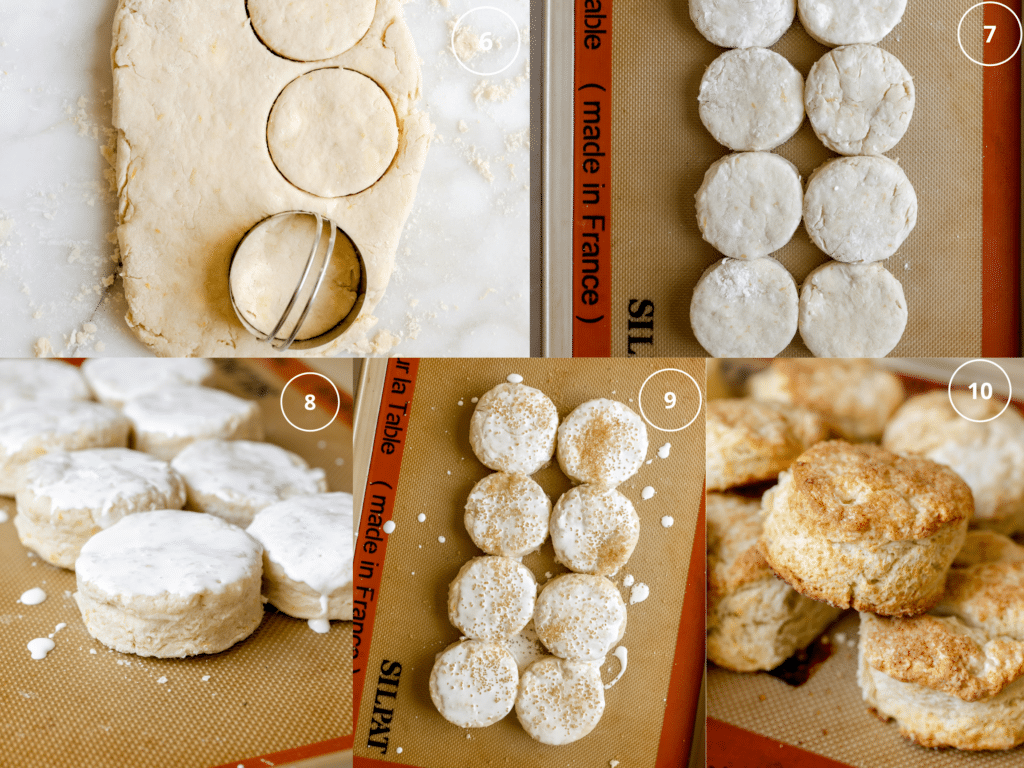 shortcakes being cut with a biscuit cutter and placed on a baking sheet lined with a silicone baking mat. 