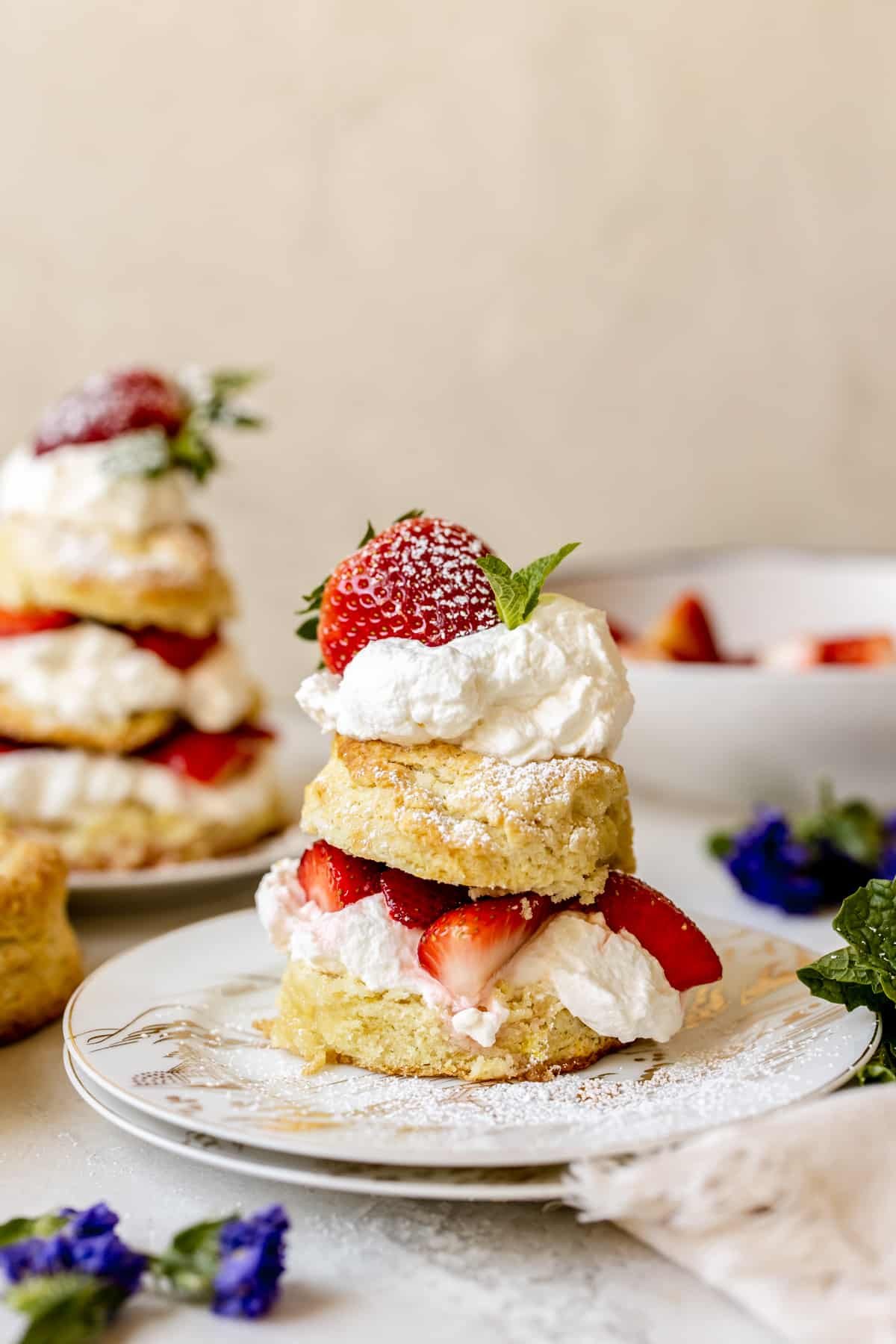 strawberry shortcake on a white china plate garnished with whipped cream, strawberries, mint and powdered sugar. 