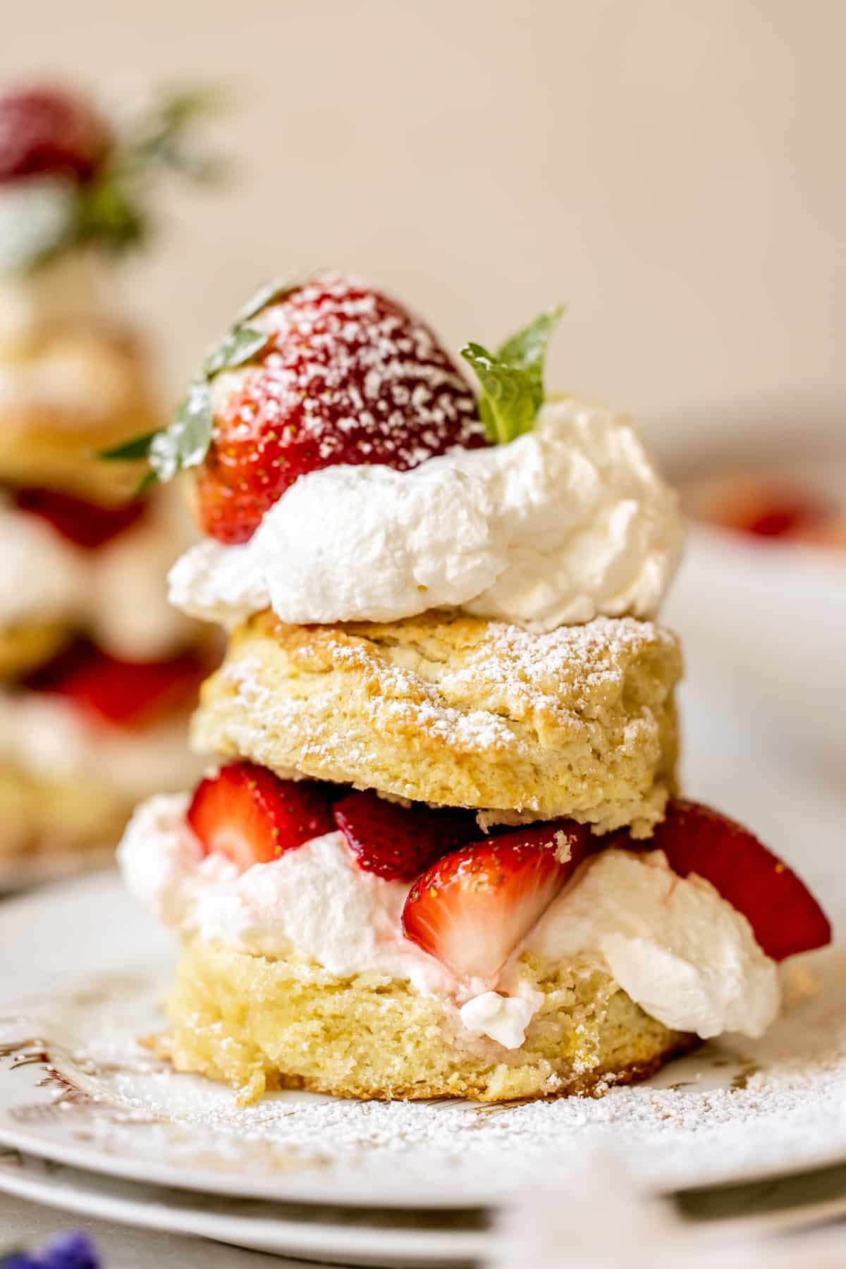 strawberry shortcake on a white china plate garnished with whipped cream, strawberries, mint and powdered sugar. 