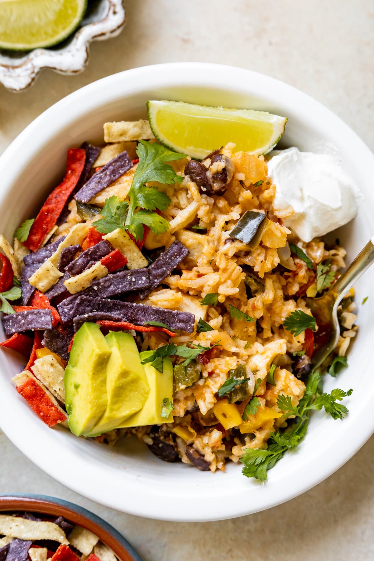 chicken and rice in a white bowl topped with cilantro, avocado and tortilla stips. 