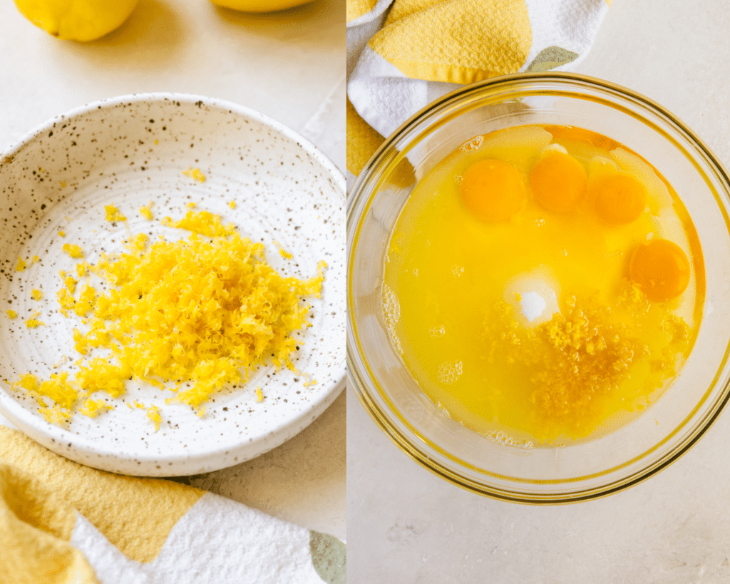 lemon zest on a white speckled plate and lemon juice, zest, sugar and eggs in a glass mixing bowl. 