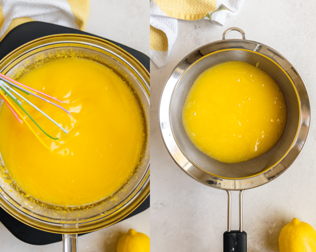 whisking lemon curd on a double boiler and straining through a sieve. 