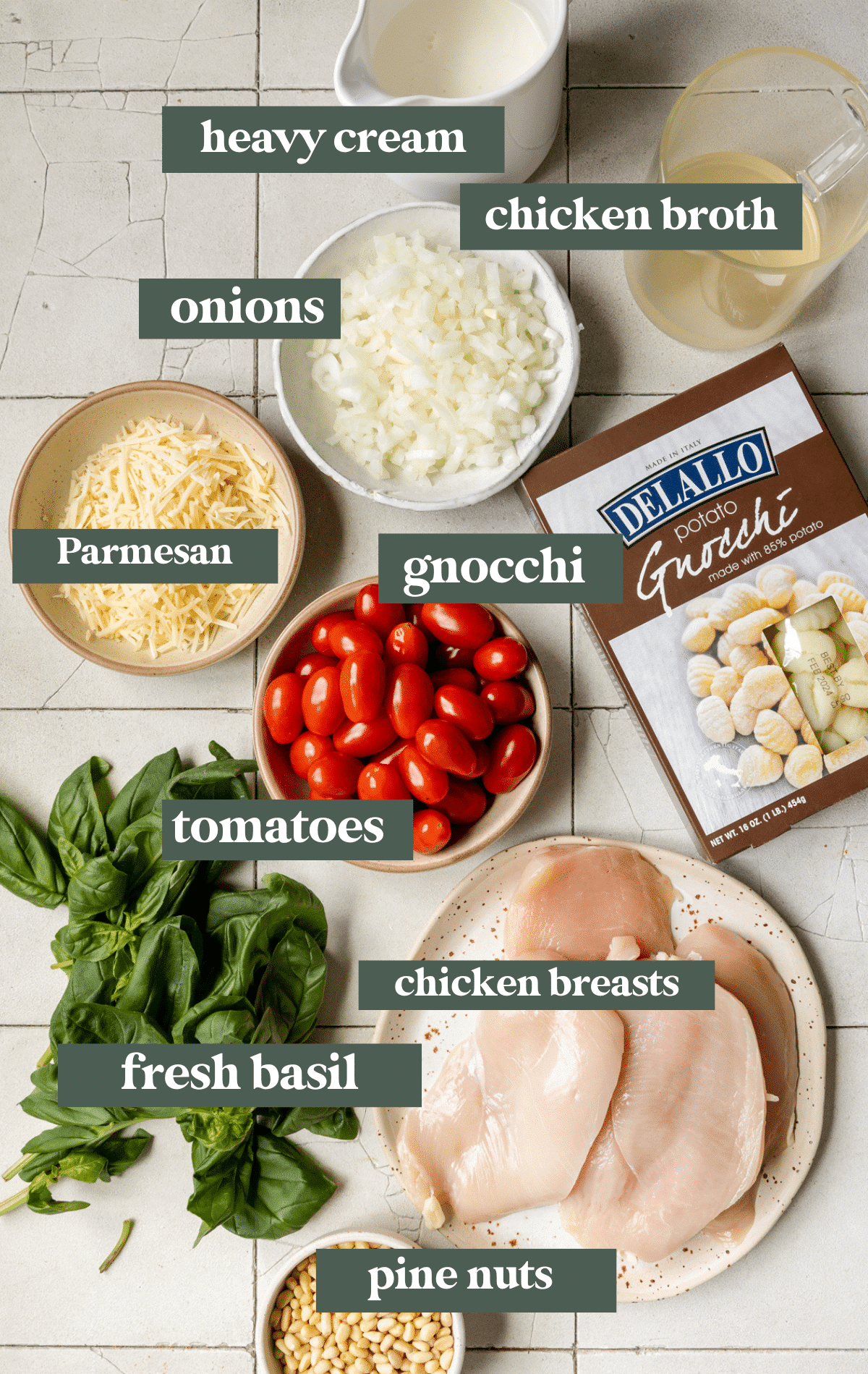 ingredients needed to make a chicken and pesto gnocchi dinner.